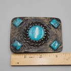 Vintage Belt Buckle Brass Blue Acrylic Accents 3 1 4  X 2 3 8 