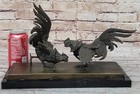 Roosters Chickens Cock Fighting Bronze Sculpture Statue Farm House Decor By Milo