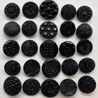 25 Antique Victorian Black Glass Button Lot Picture Faceted  Carved Floral Jet