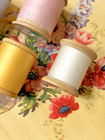 Charming Lot Of 5 Vintage Wood Larger Sewing Thread Spools Cottage Colors