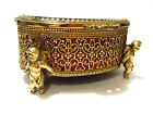 Oval Vintage 60s Ornate Gilt Brass Filigree Cherubs Footed Casket Jewelry Box