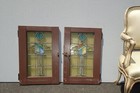 Antique Stained Glass Cabinet Doors Windows W Candle Stand   Flame Glass Panels
