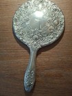 Vintage Silver Plated Round Hand Held Vanity Mirror Floral Pattern