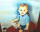 Vintage Large Painting Little Boy Child In Old Toy Pedal Car Artist Signed Art