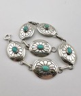 Vtg Navajo Sterling Silver Natural Turquoise Stamped Oval Concho Link Bracelet