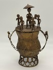 African Bronze Benin Style Ritual Vessel With Figures Hand Cast Heavy Art Sculpt
