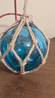 Vtg  Hand Blown Turquoise Glass Fishing Float Buoy Ball Tied W burlap Net 4   