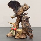 Vintage Owl Figurine Featuring Two Horned Owls On A Textured Tree Stump
