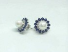 2ct Round Natural Pearl With Blue Sapphire Stud Earrings 14k White Gold Plated