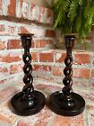 Pair Set Antique English Oak Open Barley Twist Candlesticks Candle Holder Brass