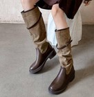 Retro Women Round Toe Flats Knight Knee High Boots New Leather Suede Shoes