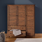Solid Wood Three Door Wardrobe Brushed Walnut Armoire Storage Cabinet   Drawers