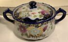 Vtg Nippon Dresser Box W Lid  Cobalt   Gold Trim  Floral  Hand Painted Flowers