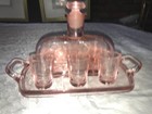 Antique Rare Vintage Pink Bar 8pc Set Decanter 6 Shot Glass   Under Tray Elegant