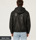 Men s Black Genuine Leather Hooded Bomber Jacket Ribbed Cuffs Zip Front