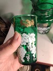 Vintage Anchor Hocking Green Glass Pitcher   4 Glasses White Grapes Gold Trim