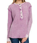 Women s Henley Neckline Baby Waffle Knit Long Sleeve Top Washed 100  Cotton