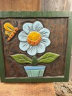 Vintage Handcarved Wood Flower And Bee Plaque Wall Art 1960s - Orange Yellow