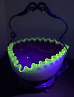 Beautiful Antique Victorian Vaseline Crested W pink Overlay Bride s Basket Glows