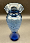 Vtg Handblown Ruffled Edge Blue Swirl Twisted Glass Vase  Mcm