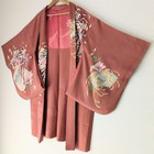Japanese Antique Haori Kimono Jacket Silk Pink Floral Fan Pattern