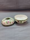 Vintage Porcelain Vanity Hair Receiver - Hand Painted Pink Flowers gold Trim