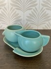 Vtg German Art Deco Turquoise Ceramic Creamer Sugar Bowl Set Tray Mid Century Mc