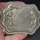 Western Silver Tone Belt Buckle Etched Paisley Floral Scroll Southwest