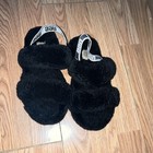 Ugg Fluff Yeah Kids  Black Faux Fur Slide Slippers Logo Strap Us 3