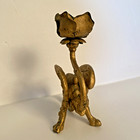 Vintage Gold Painted Cast Iron Candle Holder Of Dragon Or Gargoyle