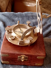 Brass Sundial Compass 4 1 4 Inch With Hinged Wooden Box   Antique Ship Replica