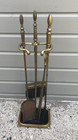   vintage Brass Fireplace Tool Set 4 Pc W stand Poker Broom Shovel Tongs Rect