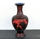 Antique Vinatge Chinese Carved Red   Black Cinnabar Lacquer Brass Vase