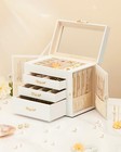 Jewelry Box 3 Drawers Glass Lid Leather Organizer Storage Display White Gift
