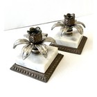 Vtg Regency Brass   Marble Candlestick Holder Pair Silverplate Flower Sculpture