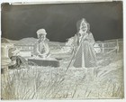 Antique Glass Photo Negative  Children Playing With Boy In Metal Wagon