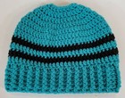 Messy Bun Ponytail Beanie Women s Medium Crocheted Blue With Black Striped