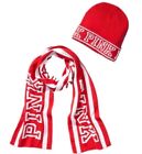 Victorias Secret Pink Set Logo Scarf   Matching Beanie Hat 61  X 8   red-white 
