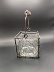 Vtg Farmhouse Wire Basket Heart Candle Holder Clear Glass Insert Wood Handle 6 