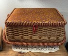 Vintage Wicker Sewing Basket With Floral Fabric Lid  Brown Orange Yellow