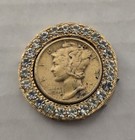Vintage 1941 Mercury Dime Coin Medallion Rhinestone Gold Tone Wlp