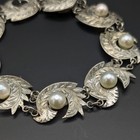 Vintage Sterling Silver And Pearl Etched Feather Leaf Design Link Bracelet  read