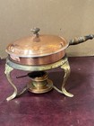 Vtg Copper Serving Chafing Dish Pan Pot Lid Wood Handle Stand Statement Warmer