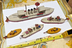 5 Old Vintage Antique Japan Putz Wooden Ships Boats W American Flags Lot Nice