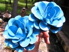 Two Large Metal  Blue Rose Flowers W Stainless Silver Wrapped Wire Stems