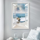 Framed Window Beach Scene Wall Art  Nature Blue Coastal Seascape Vertical Can   