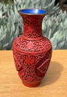 Carved Red Cinnabar Lacquer Blue Enamel Vase Chinese Vintage China 8  Tall