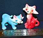 Vintage Kitsch Ceramic Cat Salt   Pepper Shakers Googly Eyes Pink Blue Japan 50s