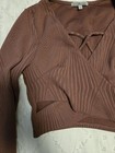 Charlotte Russe Brown Geometric Knit V-neck Cropped Top Long Sleeve M