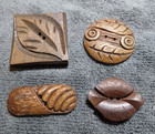 4 Vintage Wood Carved Picture Buttons Leafs Flower
